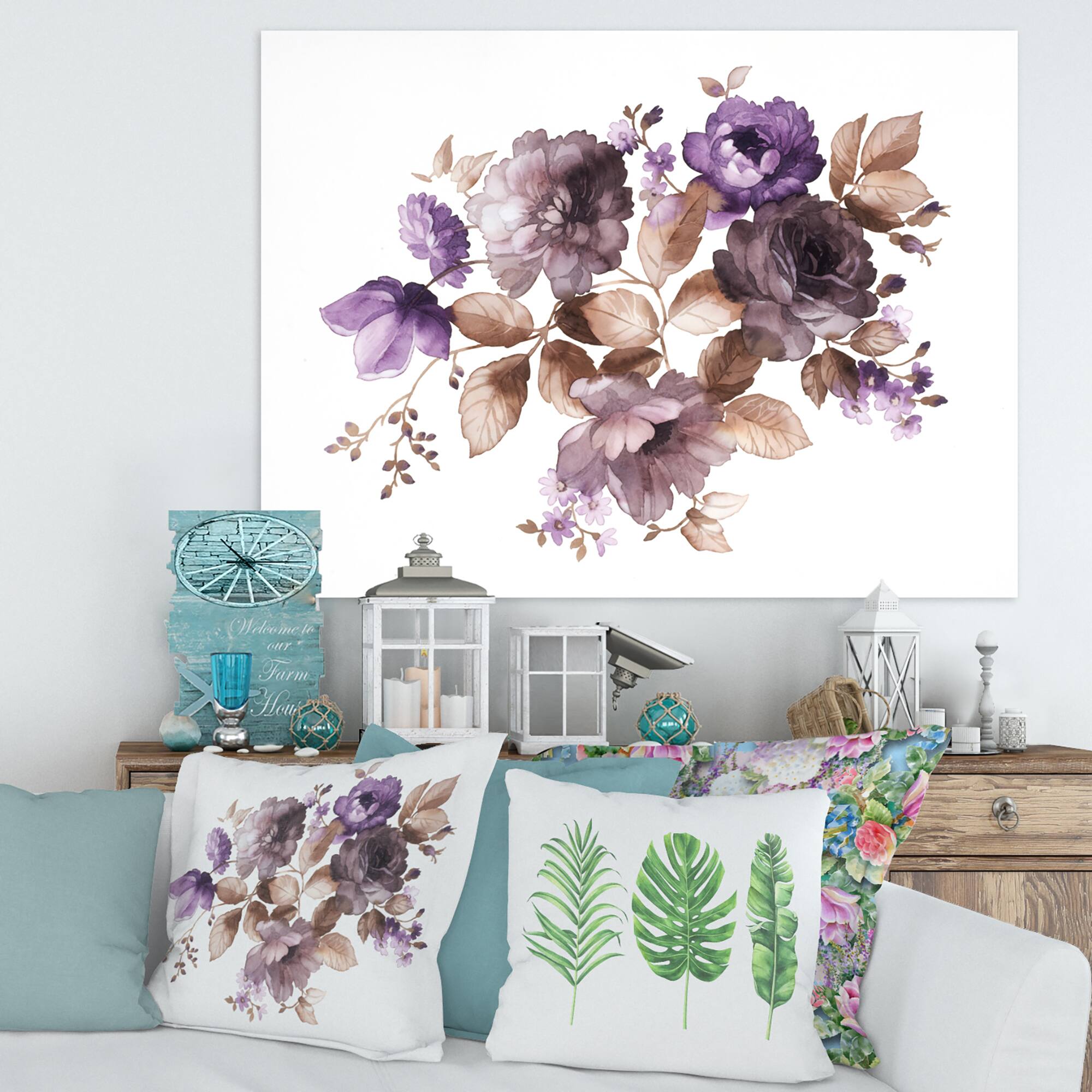 Designart - Purple Retro Flowers With Brown Leaves